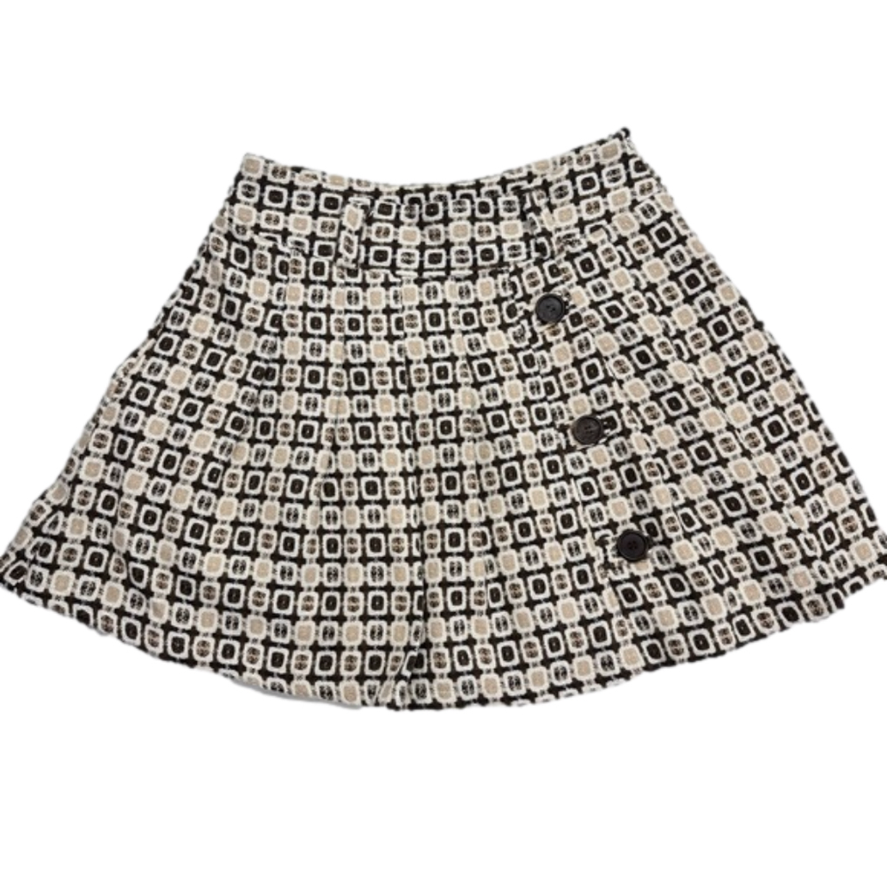 Brown Tan And Cream Tweed Pleated Button Front Mini Skirt Schoolgirl Academia 12